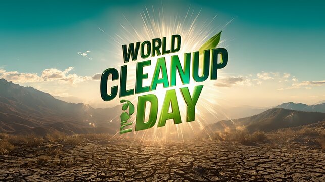 Expansive desert horizon glowing with green eco beams and radiant vibrant text for "World Cleanup Day" floating