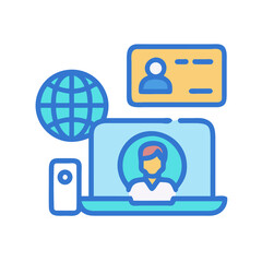 Online identity and global networking vector illustration with computer, badge, and globe icons