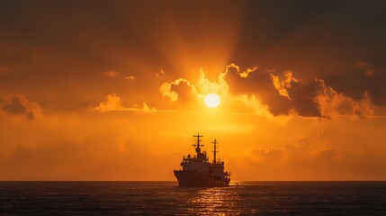 Majestic ship silhouette glowing under golden sunset with World Maritime Day text radiant above horizon