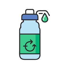 Sustainable hydration: water bottle with recycling symbol and water droplet on dark background