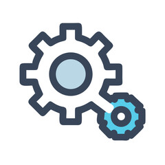 Illustration of two interlocking gears, one large and one small, on black backdrop