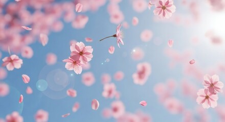 Cherry blossoms float against a bright blue sky