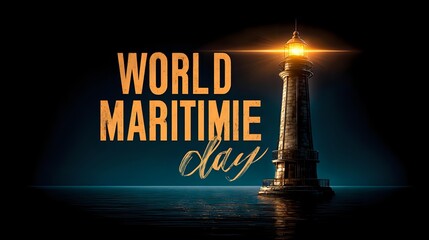 Towering glowing lighthouse shining across dark ocean with vibrant text above for "World Maritime Day"