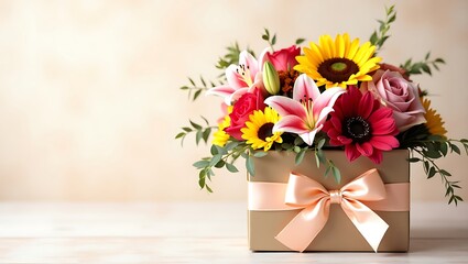 Fototapeta premium Floral Gift Box with Roses, Sunflowers, and Satin Ribbon on Soft Background 