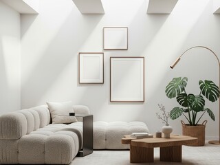 Mockup poster frames in modern minimalist living room with cozy sectional sofa and natural accents