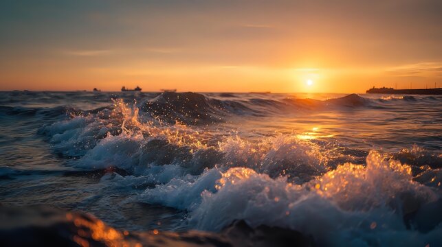 Vibrant ocean waves crashing under golden sunset with glowing World Maritime Day text in horizon sky, peaceful seascape