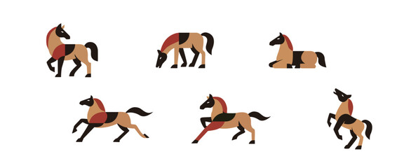 Minimalist geometric horse illustration poses - standing, jumping, running, modern flat design