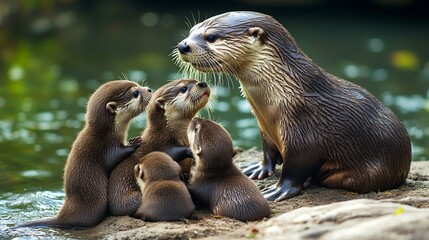 Obraz premium A family of otters gathers by the water, displaying their playful nature and strong family bonds