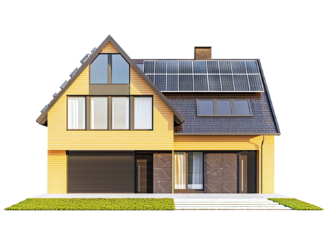 A private house with modern solar panels on the roof is isolated on a transparent background PNG - Powered by Adobe