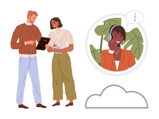 Two colleagues strategizing on tablets while engaging with virtual customer service through cloud-based technology. Ideal for teamwork, collaboration, remote working, customer engagement, digital