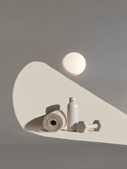 Minimalistic composition with a white background. on the left side of the image, there is a roll of white yoga mat, a white water bottle, and a pair of dumbbells.