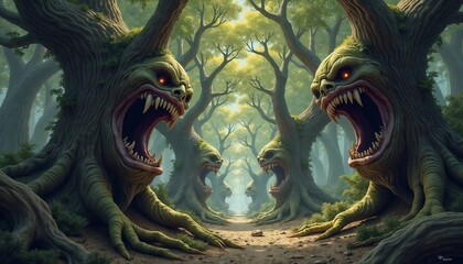 Surreal forest scene with monstrous tree creatures and vibrant foliage for imaginative fantasy art