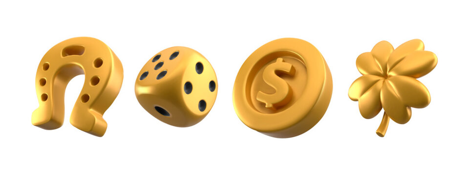 Golden 3d casino icon set with horseshoe and dice, dollar coin and four leaf clover for gambling interface. Metallic luck symbols. Fortune gaming assets for online betting or slot machine designs.