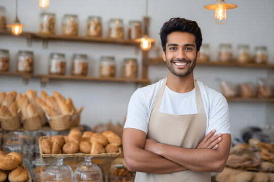 Young Indian Man Standing with Crossed Arms in Bakery Surrounded by Bread and Cookies