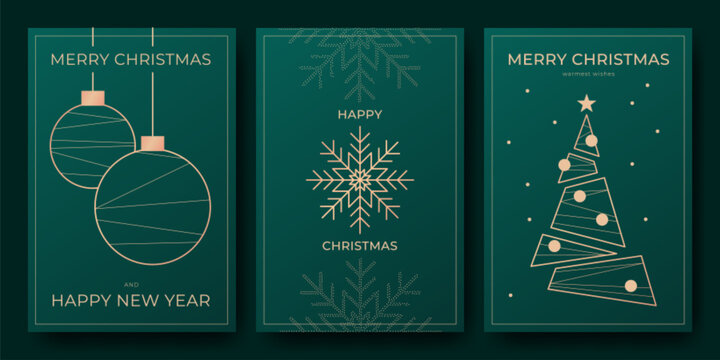 Fototapeta Elegant Christmas holiday card designs with minimalist motifs for greetings - green backgrounds with golden line art of snowflake and baubles, xmas tree with ornaments, festive wishes