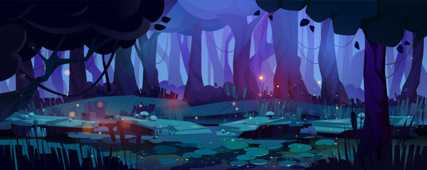 Mystical forest swamp landscape with glowing fireflies and purple twilight for fantasy game background. Dark trees, luminescent pond with lily pads, magical lights. Enchanted woodland scene. © klyaksun