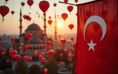 Milli Bayram Elinde Türk Bayrağı Tutan çocuk, Bayraklı Balon ve Güvercinlerle çocuk, 29 ekim bayramı, 30 ağustos zafer bayramı, 23 nisan, 15 temmuz, cumhuriyet bayramı, bayrak, Türkiye milli bayram