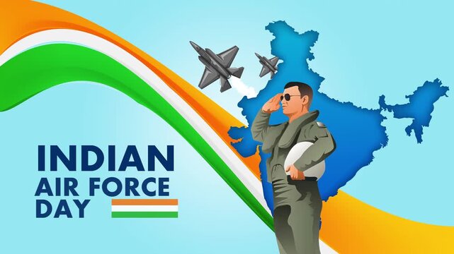 Animated Poster of Indian Air Force Day Celebrations on 8th October. A Captain in saluting pose. Motion Graphics of Planes and Tricolour Flag.