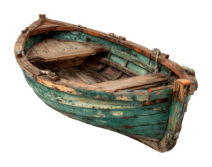 Abandoned wooden rowboat coastal area natural side view isolated on transparent background