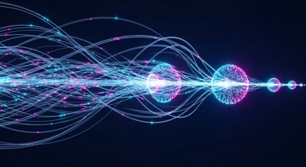 Glowing fiber optic strands and spheres on a dark background