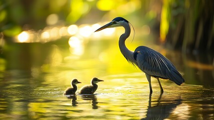 Naklejka premium A heron stands watchfully over ducklings in serene waters, illuminated by the warm glow of golden light