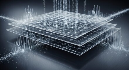 Glowing grid layers with data streams and waveform visualizations