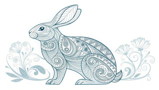 Detailed mandala/zentangle style rabbit illustration surrounded by soft floral elements. Perfect for coloring books, art therapy, or blogs on Easter, nature, and relaxation.