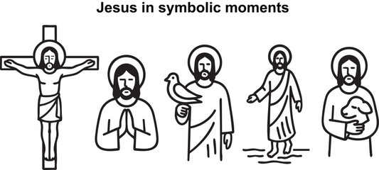Vector illustration of Jesus in symbolic moments, crucifixion, prayer, dove, walking on water, lamb