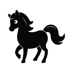 Whimsical silhouette of a black pony with a flowing mane and tail standing proudly with a playful expression