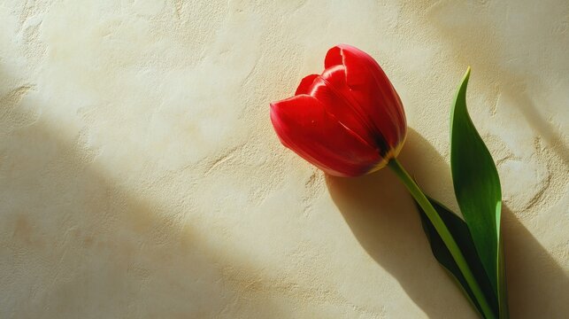 Single red tulip flower with green leaf lying on light surface in sunlight symbol of spring beauty and love