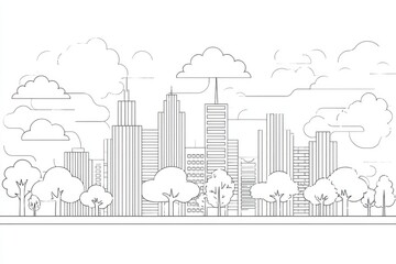 Outline drawing of a city skyline with trees.