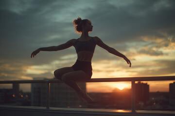 Silhouette of a graceful ballerina balancing on a rooftop railing at sunset — elegant urban dance pose against a dramatic golden sky