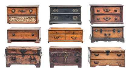 A magnificent collection of antique wooden dressers chests and cabinets isolated on a transparent background