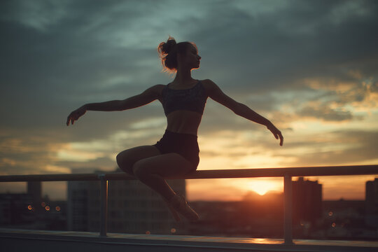 Silhouette of a graceful ballerina balancing on a rooftop railing at sunset — elegant urban dance pose against a dramatic golden sky