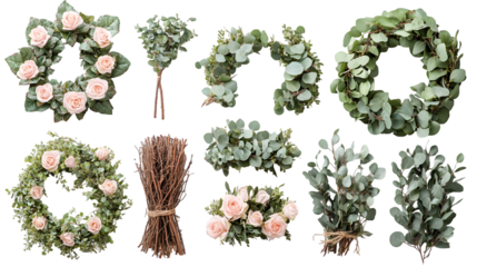 A magnificent collection of antique wooden dressers chests and cabinets isolated on a transparent background