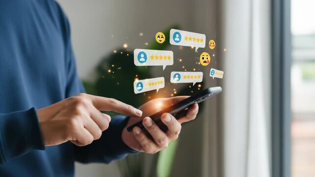 Online Reputation Management: Man Checking Customer Reviews and Ratings on Smartphone - Boost Your Business with Positive Feedback