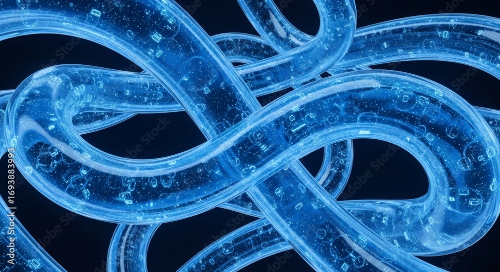 Wall mural intertwined translucent blue digital data streams on a dark background