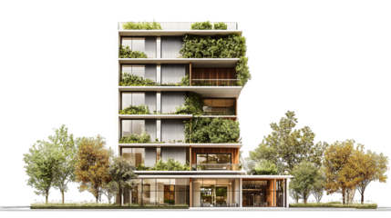 A modern high rise building with a striking green facade and lush vertical gardens isolated on a transparent background