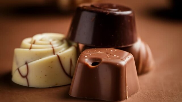 A close-up presents three diverse chocolates a white swirl with brown lines, a dark chocolate cap, and a glossy square with a center dimple