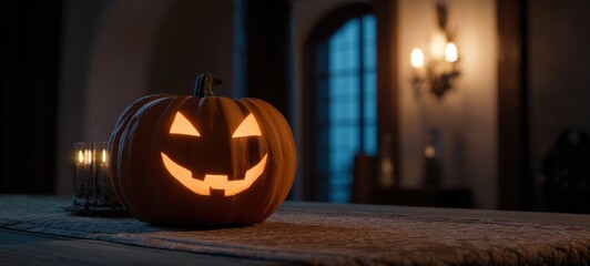 Obraz premium The Pumpkin Jack-O'-Lantern Glowing on a Rustic Table in Candlelit Interior