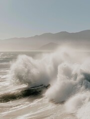 Obraz premium Photograph of a beach scene with a large wave crashing onto the shore. the wave is white and foamy, and it is breaking on the right side of the image.