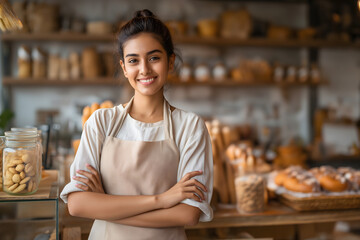 Young Indian Woman Standing with Crossed Arms in Bakery Surrounded by Bread and Cookies