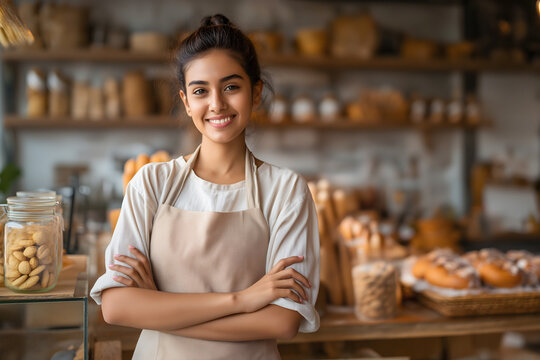 Young Indian Woman Standing with Crossed Arms in Bakery Surrounded by Bread and Cookies
