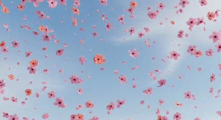 Pink and orange flowers falling against a clear blue sky