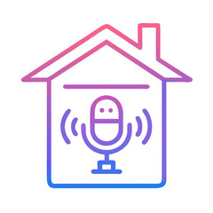 Smart home voice assistant concept with gradient house outline and microphone icon on black