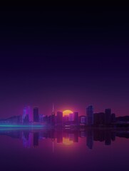 Obraz premium Digital illustration of a city skyline at sunset. the sky is a deep purple color with the sun setting in the background, casting a warm glow over the buildings.