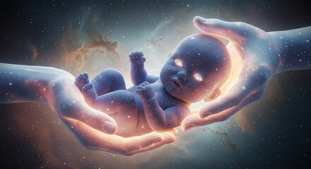 Fototapeta premium A celestial baby its skin is the night sky filled with tiny twinkling stars, and its eyes are swirling nebulae. Cradled by gentle, cosmic hands.