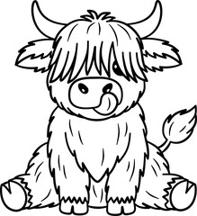 Cute Highland Cow Outline Cartoon