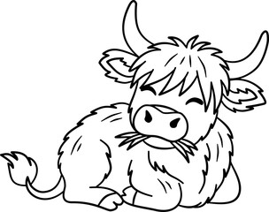 Cute Highland Cow Outline Cartoon