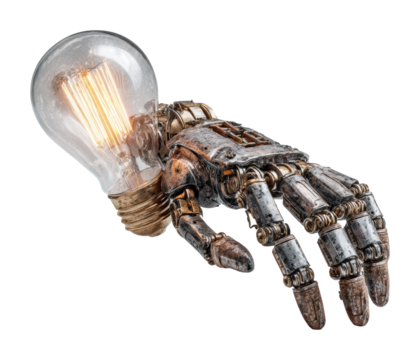 Mechanical hand holding vintage light bulb industrial isolated on transparent background - Powered by Adobe